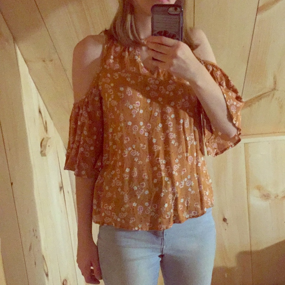 Orange Floral Cold Shoulder Top Arizona XS